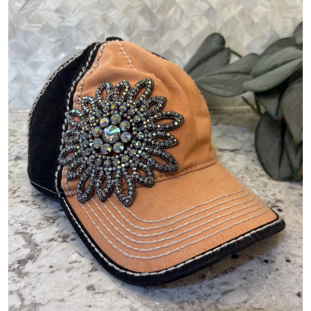 Crystal Distressed Flower Two Tone Baseball Hat Olive & Pique Orange & black